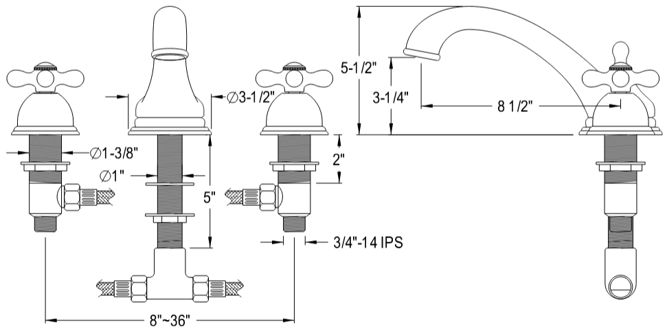 Kingston - Tub Faucets - Vintage KS335AX Two-Handle 3-Hole Deck Mount Roman Tub Faucet