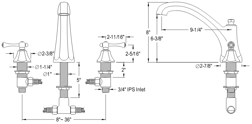 Kingston - Tub Faucets - Vintage KS432BL Two-Handle 3-Hole Deck Mount Roman Tub Faucet