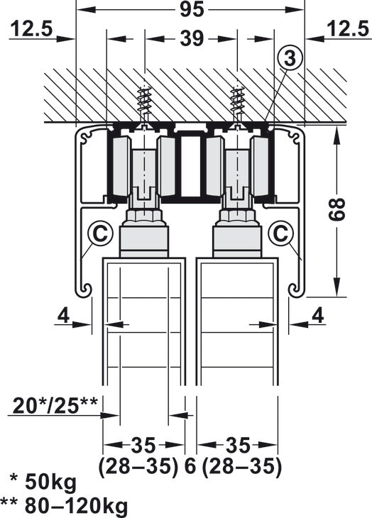 Hafele Slido D-Line11 (50P/80P/120P) Sliding Door Hardware Set (Track NOT Included)