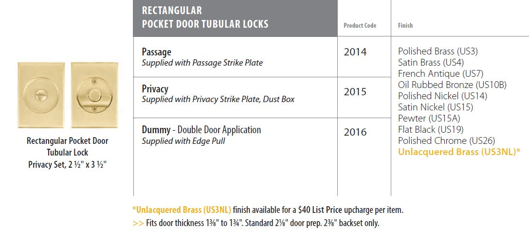 Emtek Rectangular Pocket Door Tubular Lock