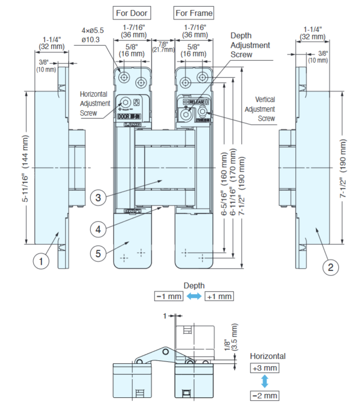 Sugatsune HES3D-W190 3-Way Adjustable Concealed Hinge For Cladded Doors (Each)