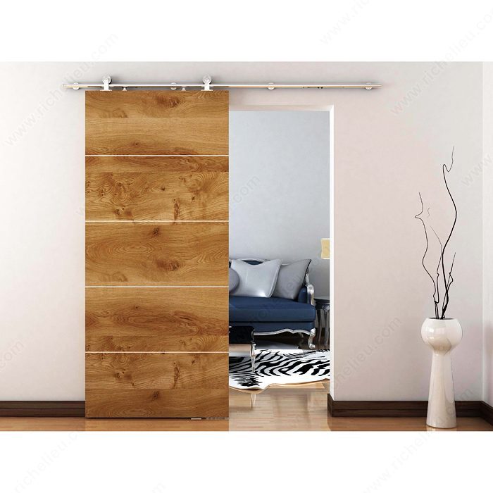 Studio Sliding Barn Door Set For Suspended Wooden Door With Visible Stainless Steel Hardware (Soft Close Included)