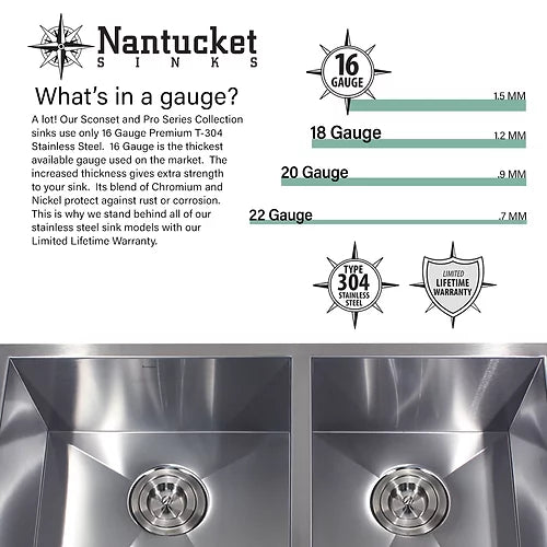 Nantucket Sinks SR3618-16 Pro Series 36" Single Bowl Undermount Stainless Steel Kitchen Sink in 16 Gauge