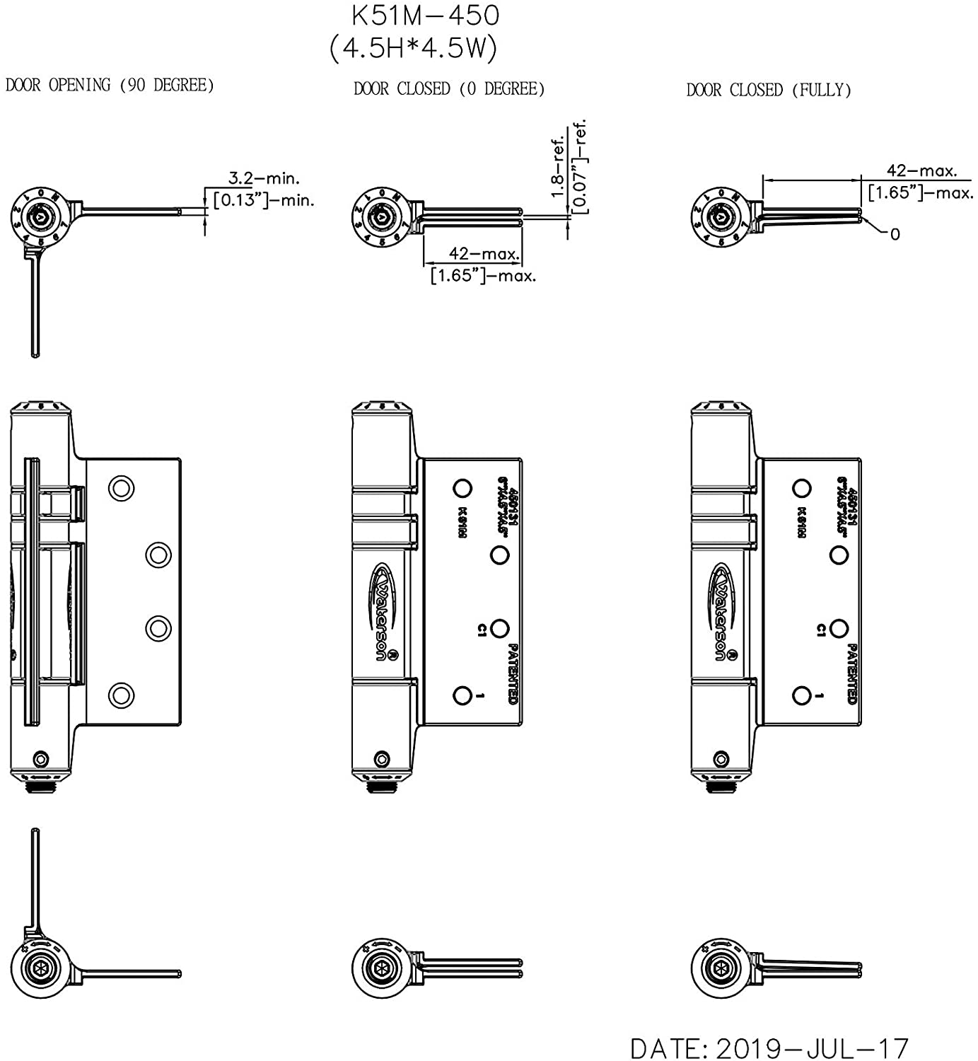 Waterson Heavy Duty Commercial Fully Adjustable Self-Closing Door Hinge 3-Pack 4.5" x 4.5" – K51M-450 (SA,SA,SA1)