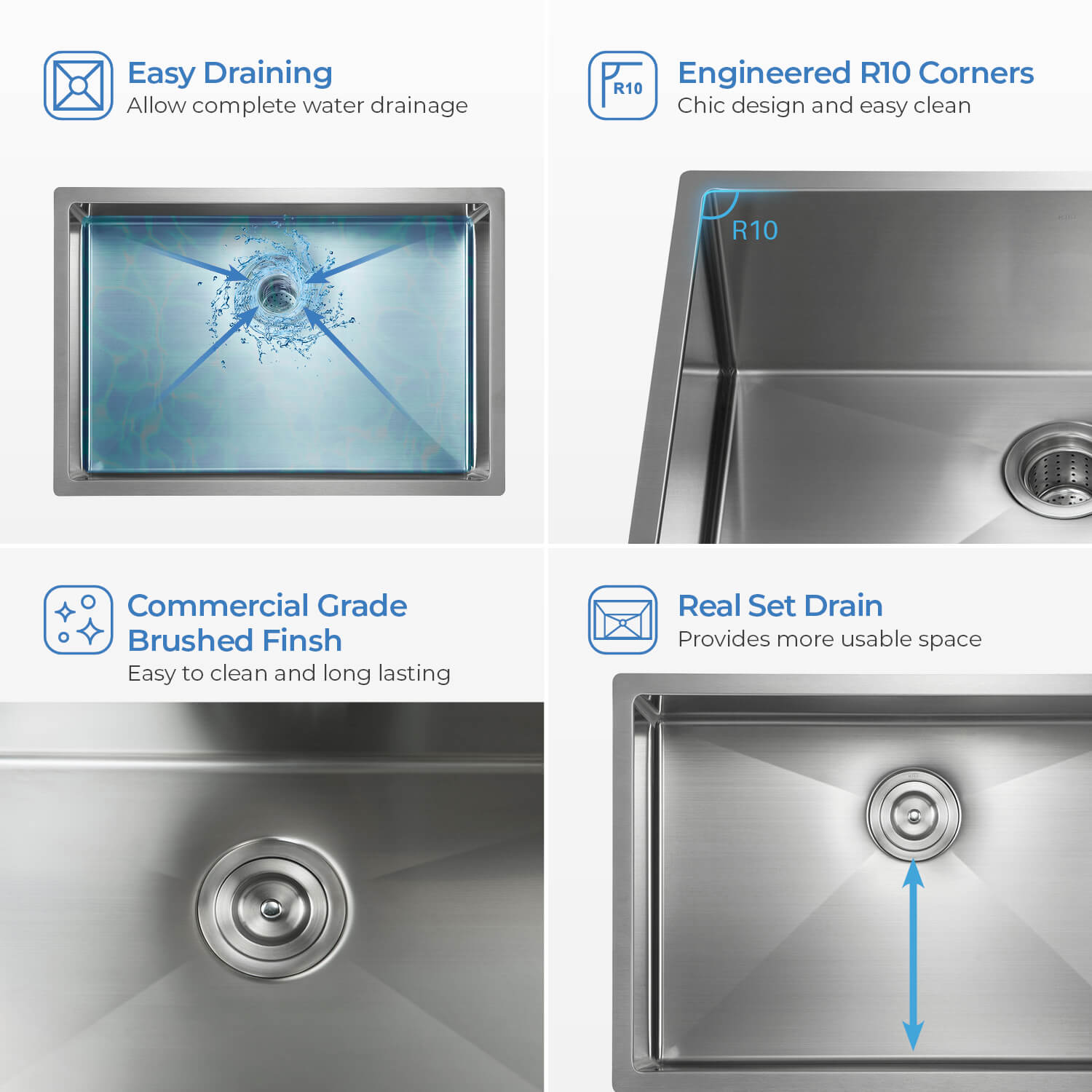 Kibi 28″ Handcrafted Undermount Single Bowl 16 gauge Stainless Steel Kitchen Sink