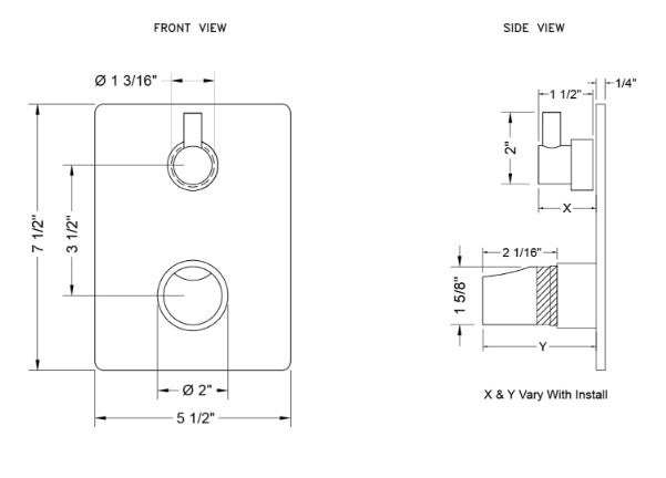 Jaclo T7539 Rectangle Plate with Thumb Thermostatic Valve with Contempo Short Peg Lever Built-in 2-Way Or 3-Way Diverter/Volume Controls
