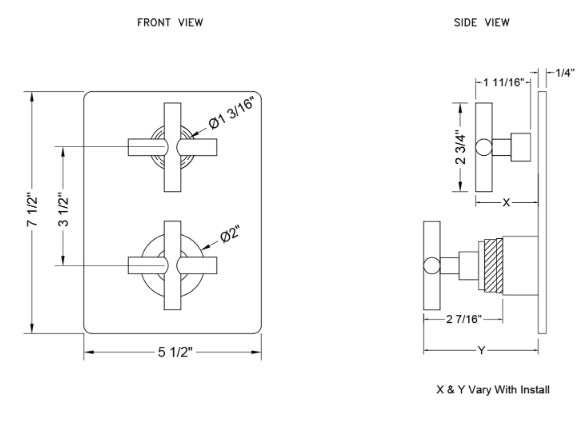 Jaclo T7562 Rectangle Plate with Slim Cross Thermostatic Valve with Slim Cross Built-in 2-Way Or 3-Way Diverter/Volume Controls