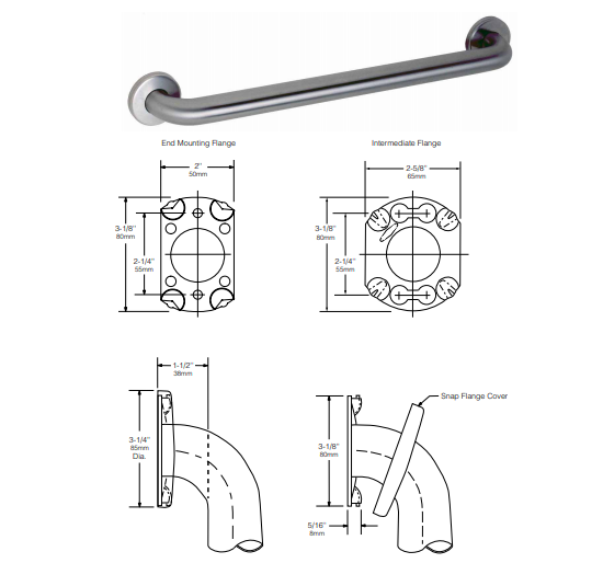 Bobrick B-6806 Series 1-1/2" Dia Stainless Grab Bar