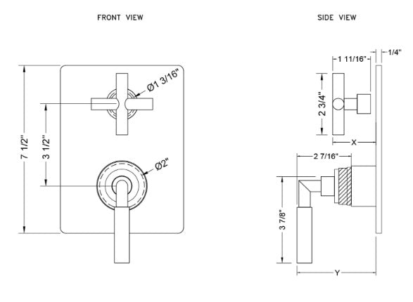 Jaclo T7549 Rectangle Plate with Slim Lever Thermostatic Valve with Slim Cross Built-in 2-Way Or 3-Way Diverter/Volume Controls