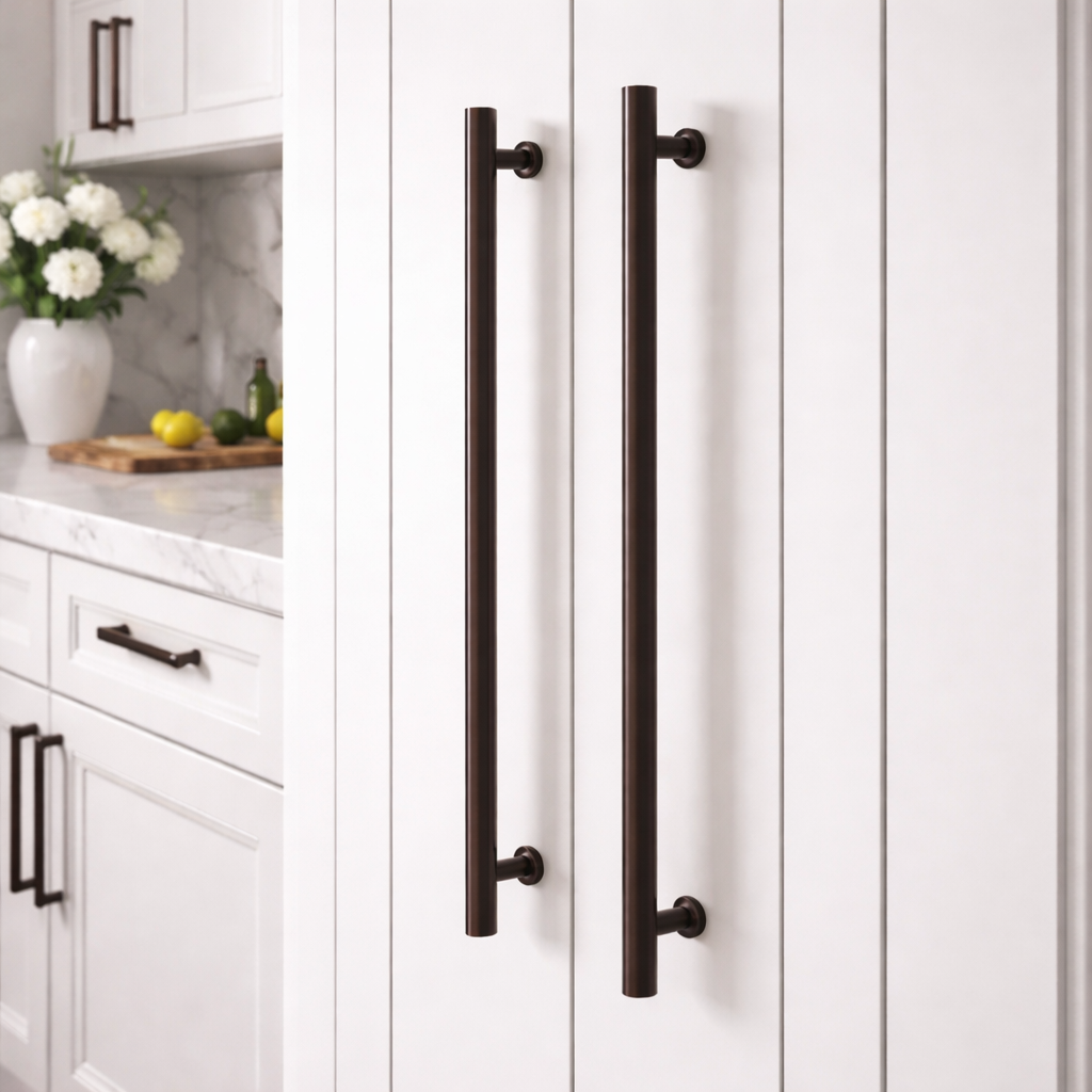 Long appliance-style pulls mounted vertically on tall white cabinet panels