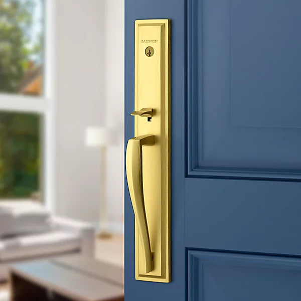 Baldwin - Prestige Collection - Tubular Entry Handlesets - Torrey Pines (TPE) Full Escutcheon Handleset w/ Torrey Lever In Satin Brass