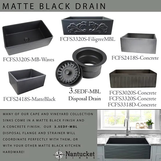 Nantucket Sink Embossed Vineyard Collection FCFS3320S-FiligreeMBL Nantucket Sinks' 33 Inch Matte Black Farmhouse Fireclay Sink with Filigree Apron