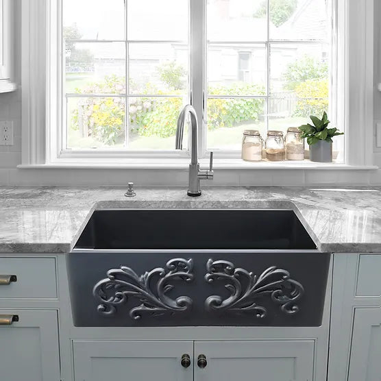 Nantucket Sink Embossed Vineyard Collection FCFS3320S-FiligreeMBL Nantucket Sinks' 33 Inch Matte Black Farmhouse Fireclay Sink with Filigree Apron