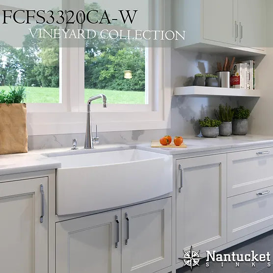 Nantucket Sink Curved Vineyard Collection FCFS3320CA (W,C,MB) Nantucket Sinks' 33 Inch Farmhouse Fireclay Sink with Curved Apron Front