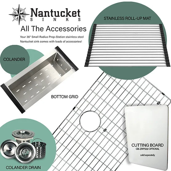 Nantucket Sink Prep Station SR-PS-3620-OSD Offset Drain Prep Station Small Radius Undermount Stainless Sink with Accessories