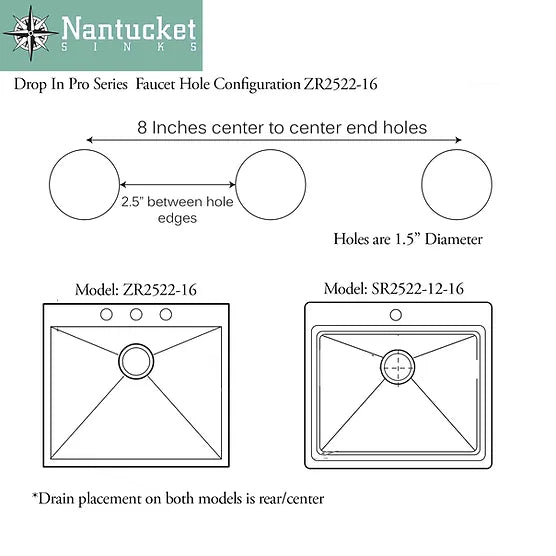 Nantucket Sink Pro Series SR2522-12-16 , 25" Pro Series Rectangle Single Bowl Dualmount Small Radius Corners Stainless Steel Kitchen Sink