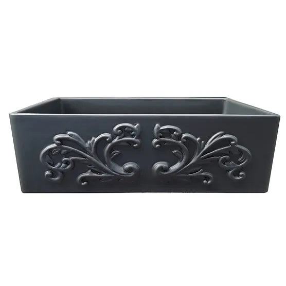 Nantucket Sink Embossed Vineyard Collection FCFS3320S-FiligreeMBL Nantucket Sinks' 33 Inch Matte Black Farmhouse Fireclay Sink with Filigree Apron