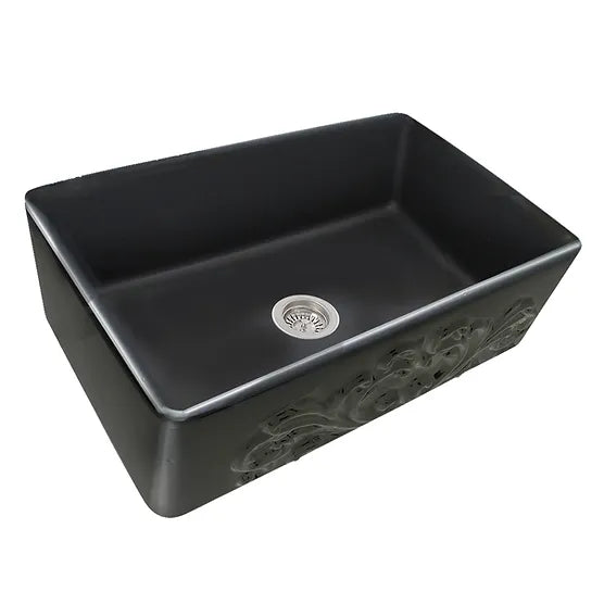 Nantucket Sink Embossed Vineyard Collection FCFS3320S-FiligreeMBL Nantucket Sinks' 33 Inch Matte Black Farmhouse Fireclay Sink with Filigree Apron