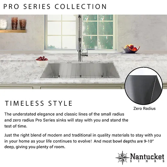 Nantucket Sink Prep Station ZR-PS-3018-16 , 30 Inch Pro Series Single Bowl Undermount Prep Station