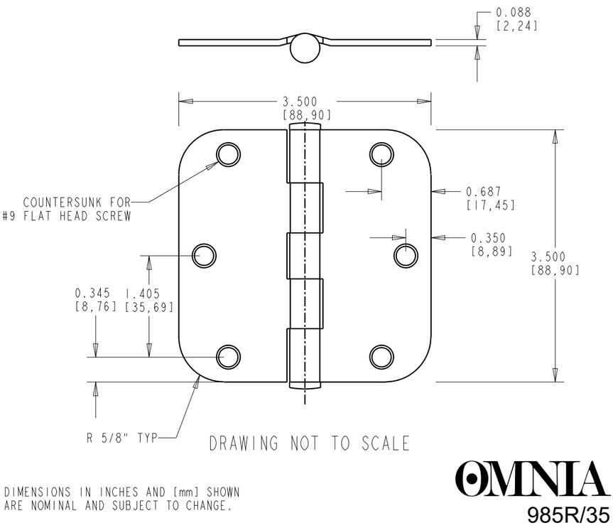 Omnia - Hinges - 985R Solid Brass Plain Bearing 5/8" Radius Hinge (Each)