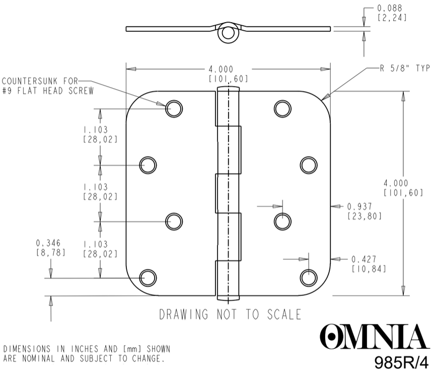 Omnia - Hinges - 985R Solid Brass Plain Bearing 5/8" Radius Hinge (Each)