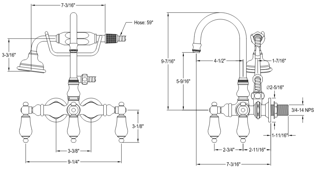 Kingston - Tub Faucets - Aqua Vintage AE11T Three-Handle 2-Hole Tub Wall Mount Clawfoot Tub Faucet with Hand Shower