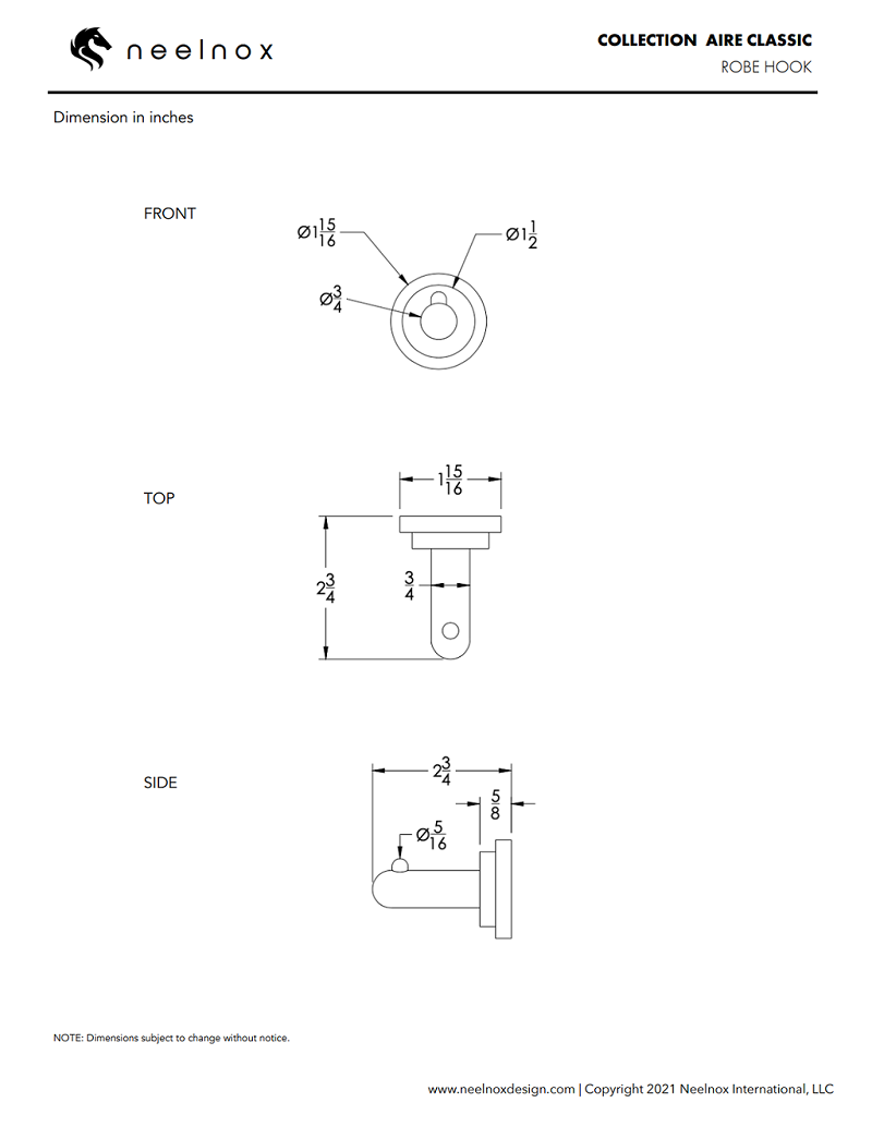 Neelnox - Collection Aire Classic - Robe Hook Single - AIC-RHS1