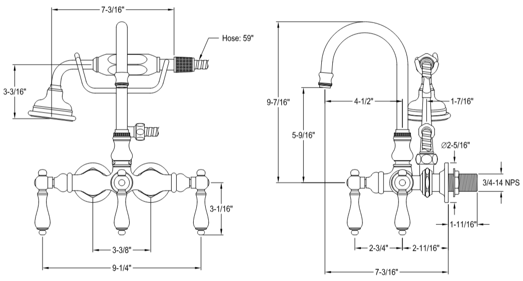 Kingston - Tub Faucets - Aqua Vintage AE7T Three-Handle 2-Hole Tub Wall Mount Clawfoot Tub Faucet with Hand Shower