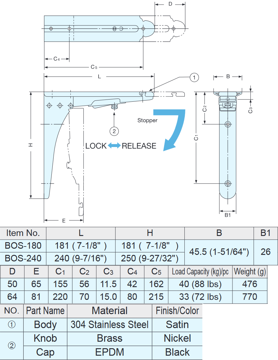 Sugatsune - Folding Bracket - BOS-180/240 Folding Bracket w/ Stopper