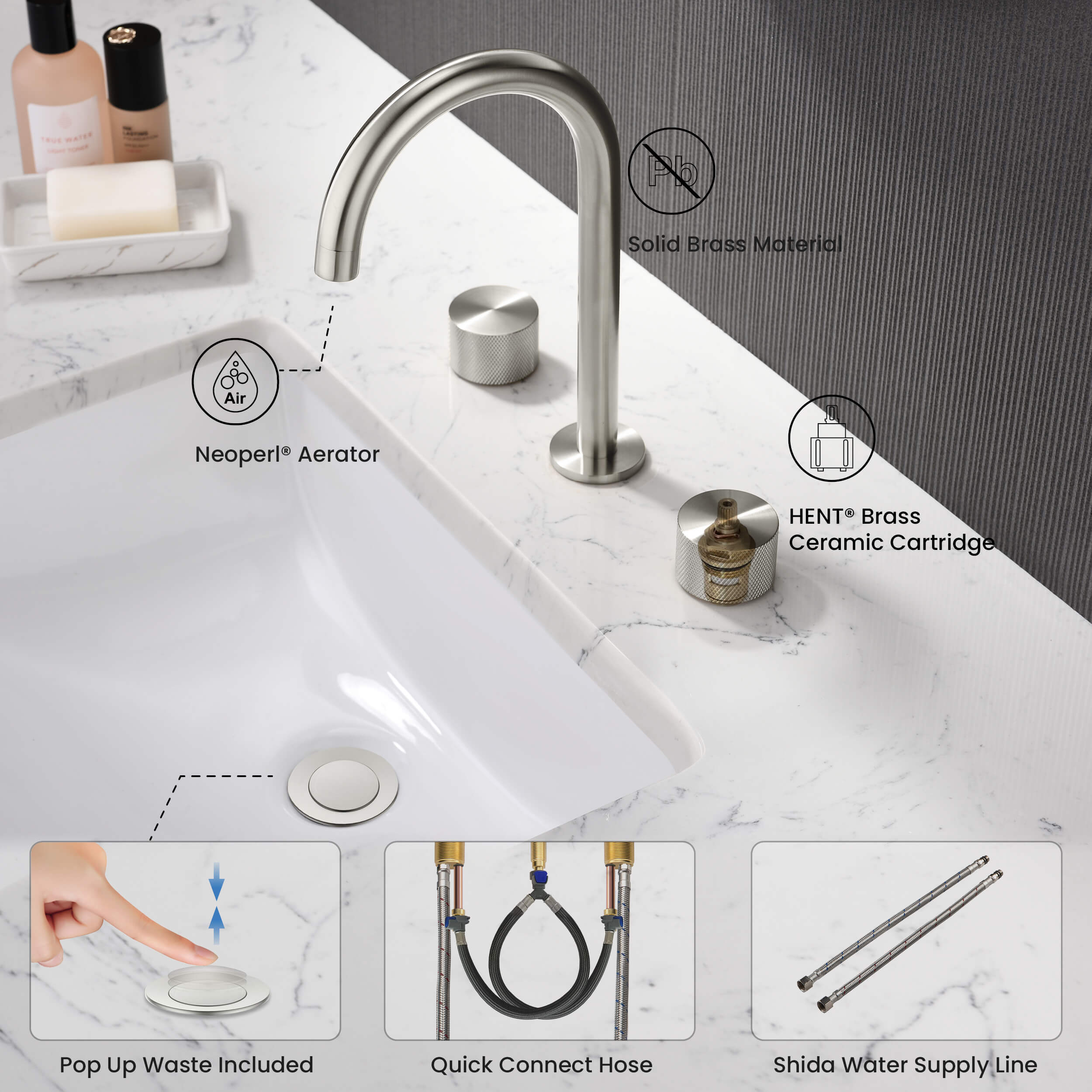 Widespread lavatory set, high spout, with drain | U9L-152/US — Grand  central Metal with lever handles — THG