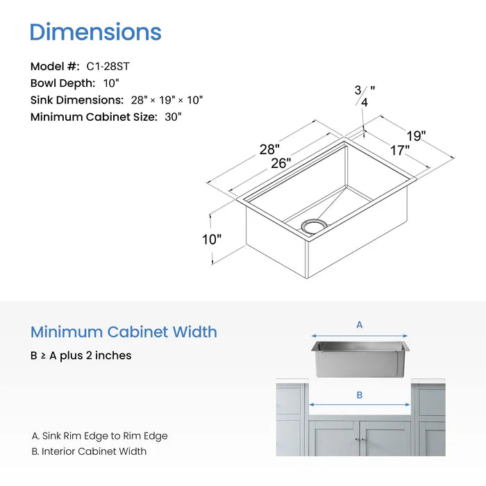 Casa Fixtures - Kitchen Sinks - 28" Undermount Single Bowl Stainless Steel Workstation Sink (C1-28ST)