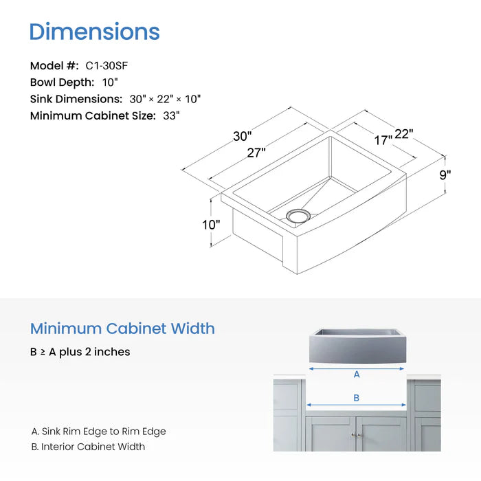 Casa Fixtures - Kitchen Sinks - 30" Handcrafted Farmhouse Apron Single Bowl Stainless Steel Kitchen Sink (C1-30SF)