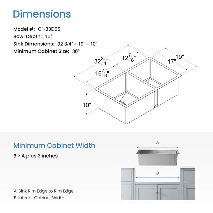 Casa Fixtures - Kitchen Sinks - 32-3/4" Handcrafted Undermount Double Bowl Stainless Steel Kitchen Sink (C1-33DBS)