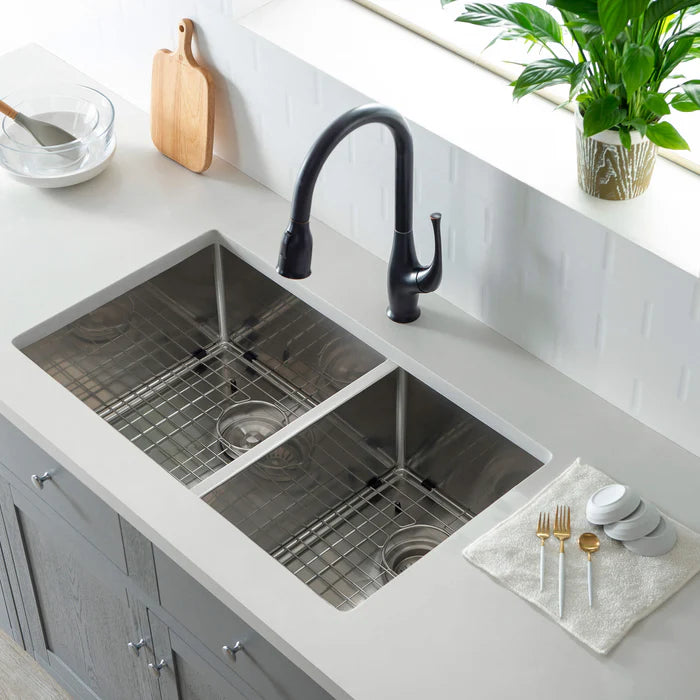 Casa Fixtures - Kitchen Sinks - 32-3/4" Handcrafted Undermount Double Bowl Stainless Steel Kitchen Sink (C1-33DBS)