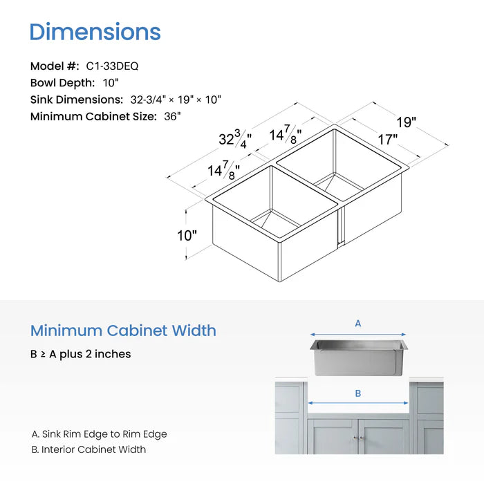 Casa Fixtures - Kitchen Sinks - 32-3/4" Handcrafted Undermount Double Bowl Stainless Steel Kitchen Sink (C1-33DEQ)