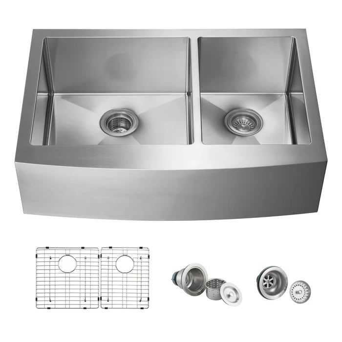 Casa Fixtures - Kitchen Sinks - 33" Handcrafted Farmhouse Apron Double Bowl Stainless Steel Kitchen Sink (C1-33DF)