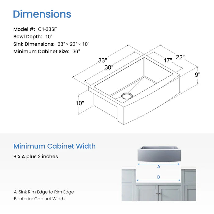 Casa Fixtures - Kitchen Sinks - 33" Handcrafted Farmhouse Apron Single Bowl Stainless Steel Kitchen Sink (C1-33SF)