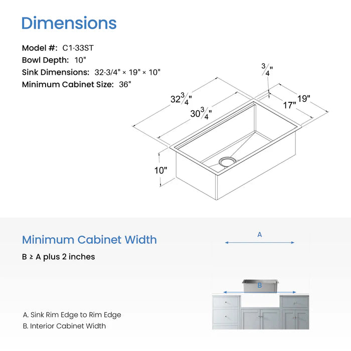 Casa Fixtures - Kitchen Sinks - 33" Undermount Single Bowl Stainless Steel Workstation Sink (C1-33ST)
