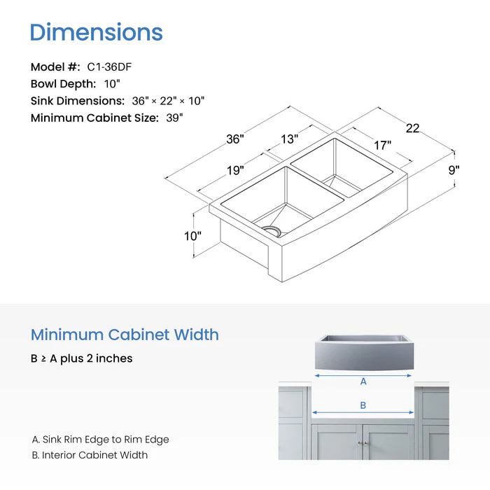 Casa Fixtures - Kitchen Sinks - 36" Handcrafted Farmhouse Apron Double Bowl Stainless Steel Kitchen Sink (C1-36DF)