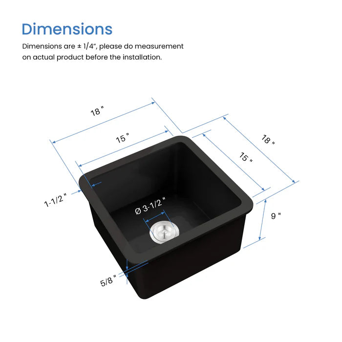 Casa Fixtures - Kitchen Sinks - Nova 18" Matte Black Fireclay Single Bowl Kitchen Drop-In/Undermount Sink (C2-18SQMB)