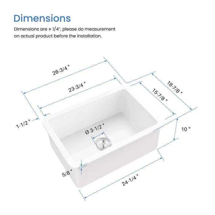 Casa Fixtures - Kitchen Sinks - Nova 27" Fireclay Single Bowl Kitchen Drop-In/Undermount Sink (C2-27S)