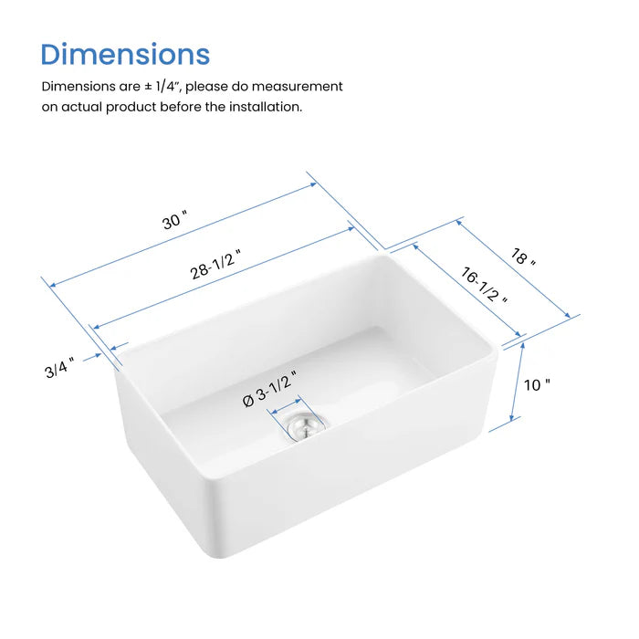 Casa Fixtures - Kitchen Sinks - Nova 30" Fireclay Single Bowl Kitchen Farmhouse Sink (C2-30SF)
