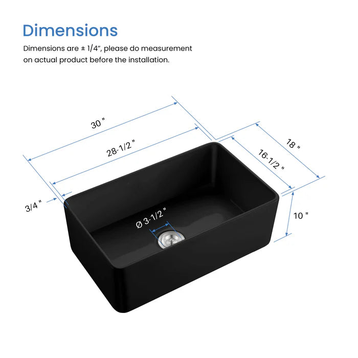 Casa Fixtures - Kitchen Sinks - Nova 30" Matte Black Fireclay Single Bowl Kitchen Farmhouse Sink (C2-30SFMB)