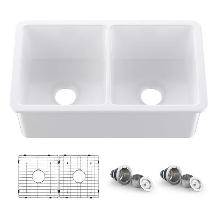 Casa Fixtures - Kitchen Sinks - 32" Fireclay Double Bowl Drop-In/Undermount Kitchen Sink (C2-32D)