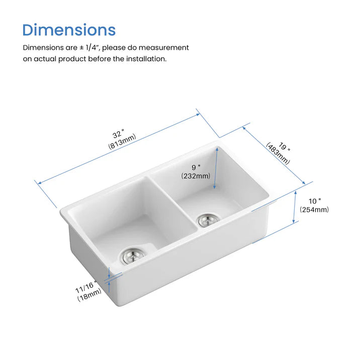 Casa Fixtures - Kitchen Sinks - 32" Fireclay Double Bowl Drop-In/Undermount Kitchen Sink (C2-32D)