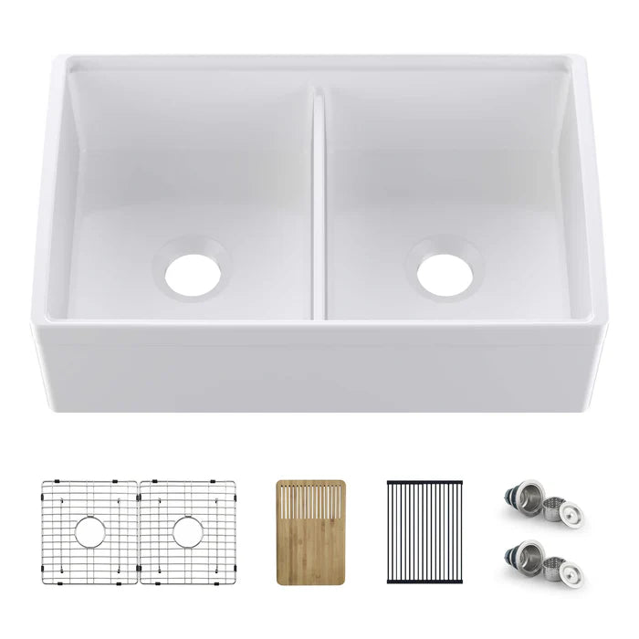 Casa Fixtures - Kitchen Sinks - 33" Fireclay Double Bowl Farmhouse Kitchen Workstation Sink (C2-33DFT)