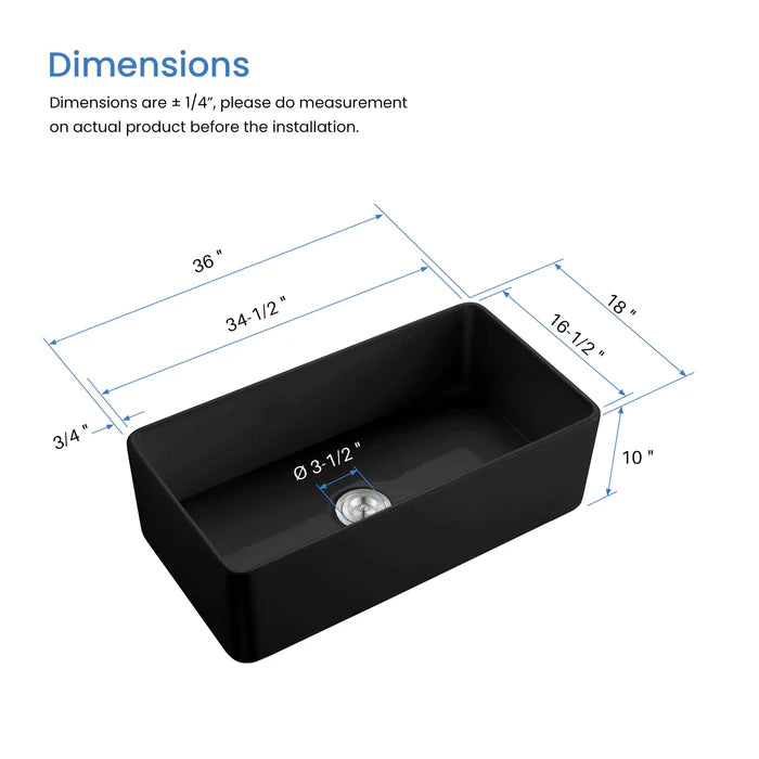 Casa Fixtures - Kitchen Sinks - Nova 36" Matte Black Fireclay Single Bowl Kitchen Farmhouse Sink (C2-36SFMB)