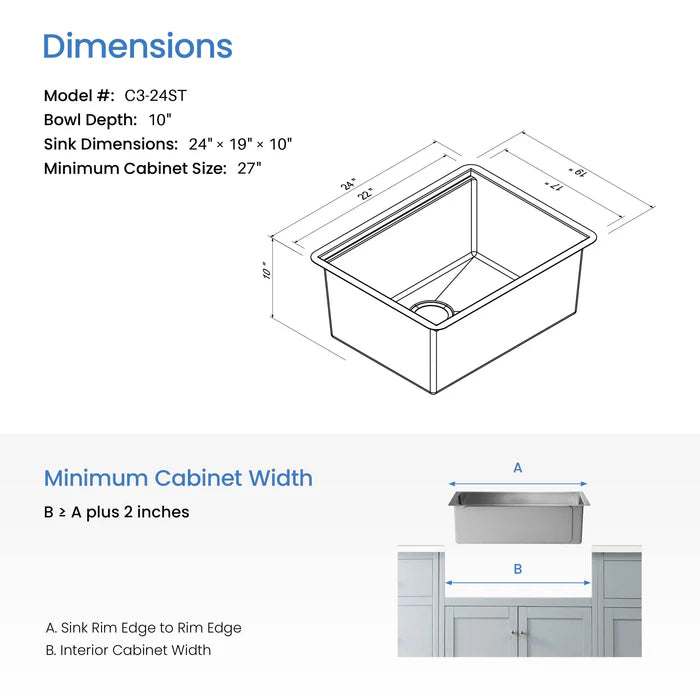 Casa Fixtures - Kitchen Sinks - 24" Handcrafted 316 Marine Grade Stainless Steel Single Bowl Workstation Undermount Kitchen Sink (C3-24ST)