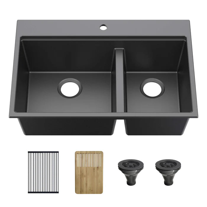 Casa Fixtures - Kitchen Sinks - 33" Top-Mount Workstation Double Bowl Quartz Kitchen Sink (C4-33TDT)