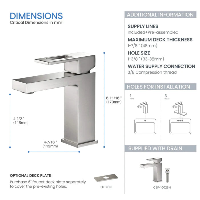 Casa Fixtures - Bathroom Faucet - Quadra Single Handle Bathroom Vanity Sink Faucet with Pop Up Drain (CBF-1002)